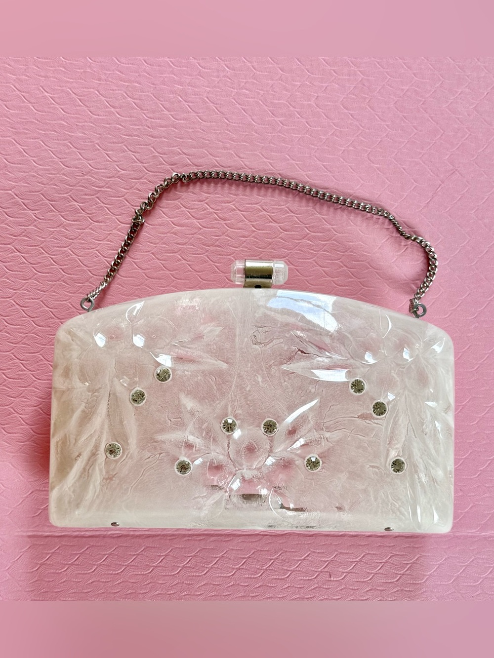 Rare Vintage 1950s Carved Lucite Floral Rhinestone Clutch Purse Bridal